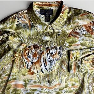 Vintage CB Studio Tiger Shirt Womens Large 100% Silk AOP Nature Luxury Print 90s